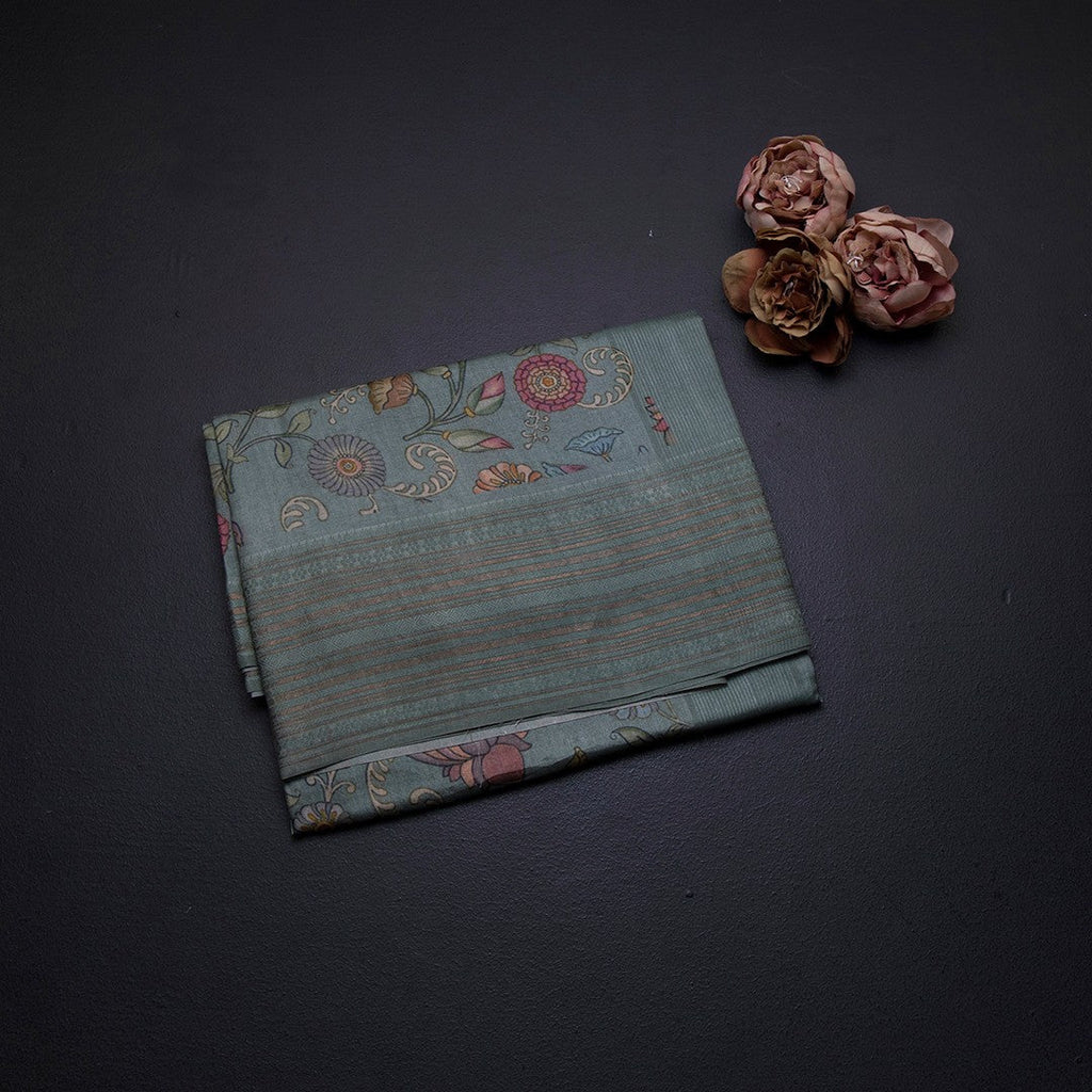 Pure Tussar Sage Green Floral Printed Saree With Zari Border