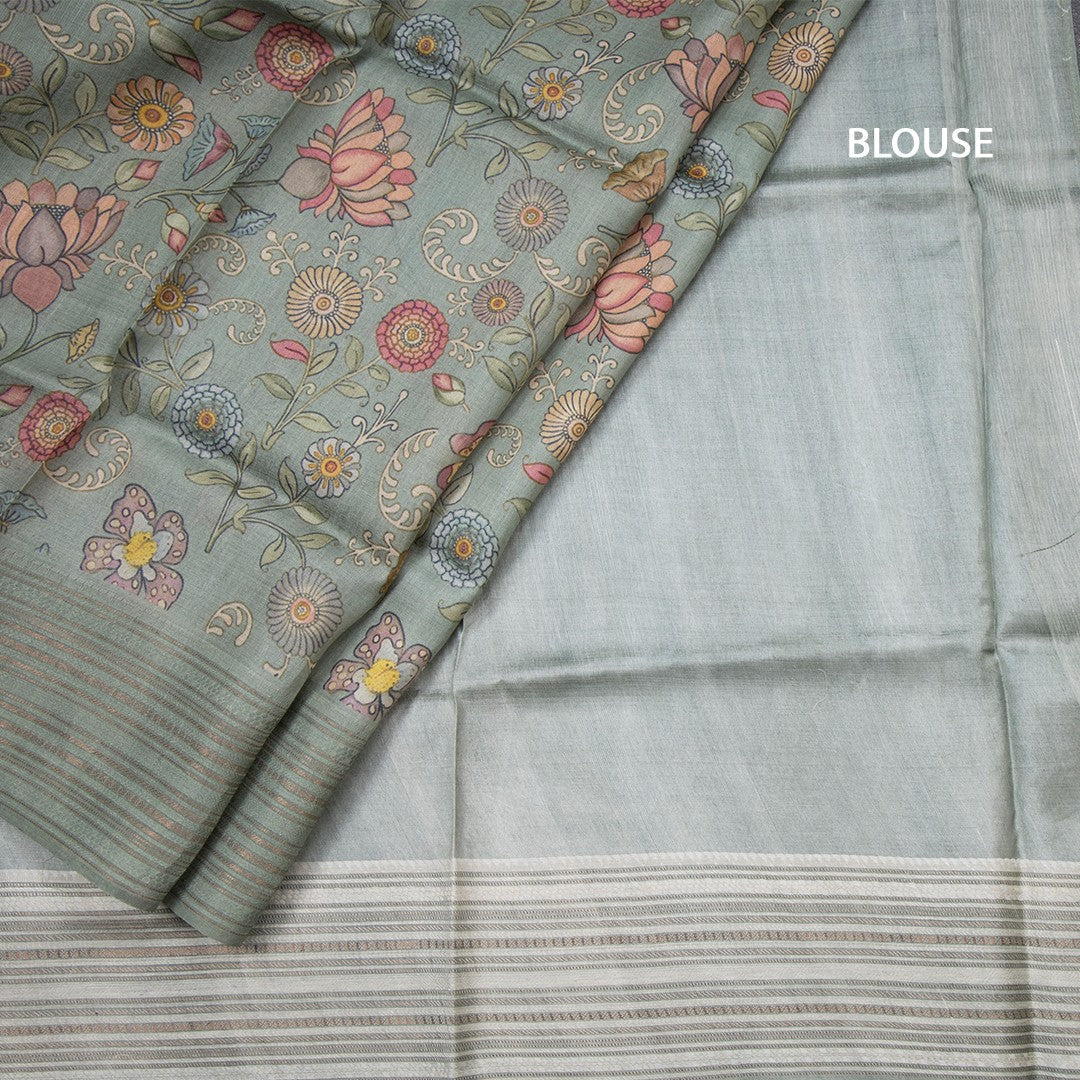 Pure Tussar Sage Green Floral Printed Saree With Zari Border