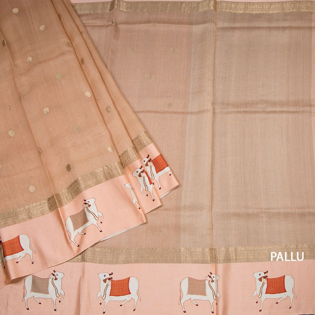 Pure Tussar Brownish Pink Saree With Zari Buttas And Printed Border