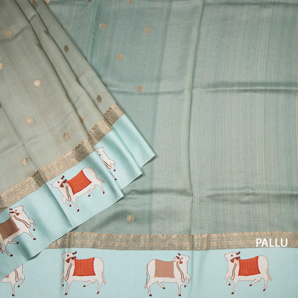 Pure Tussar Light Pista Green Saree With Zari Buttas And Printed Border