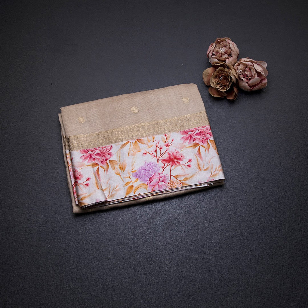 Pure Tussar Light Brown Saree With Zari Buttas And Printed Border