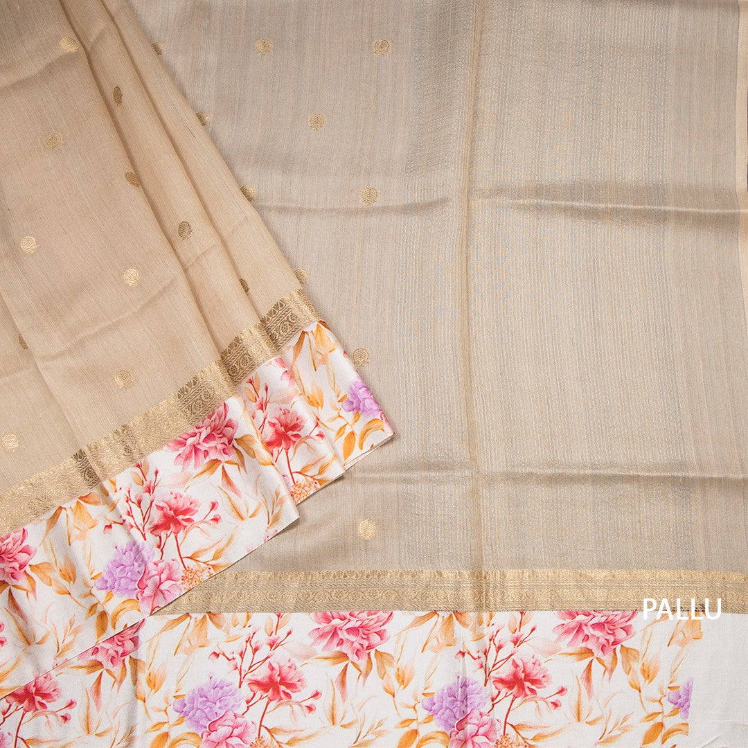 Pure Tussar Light Brown Saree With Zari Buttas And Printed Border
