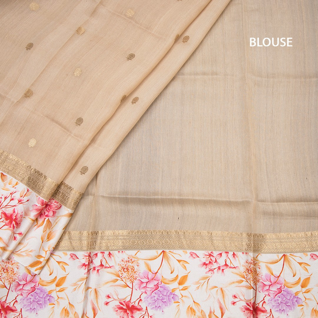 Pure Tussar Light Brown Saree With Zari Buttas And Printed Border