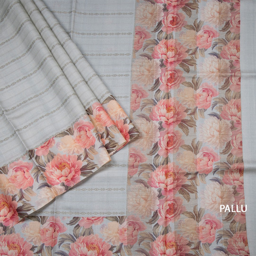 Pure Tussar Grey Zari Worked Saree With Printed Border