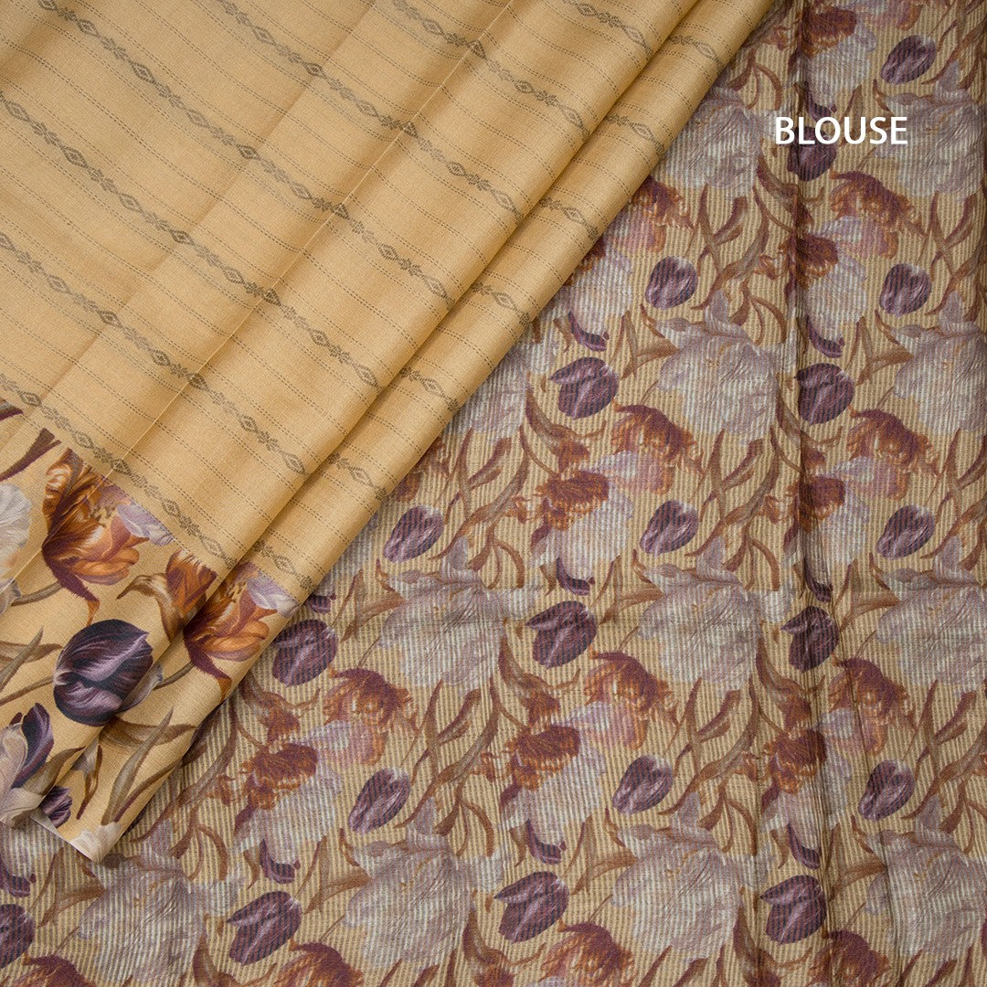 Pure Tussar Sandal Zari Worked Saree With Printed Border