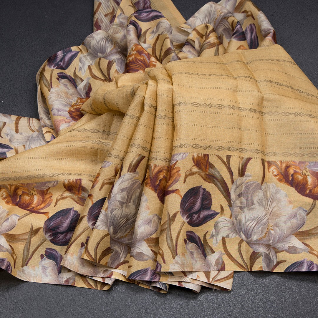 Pure Tussar Sandal Zari Worked Saree With Printed Border
