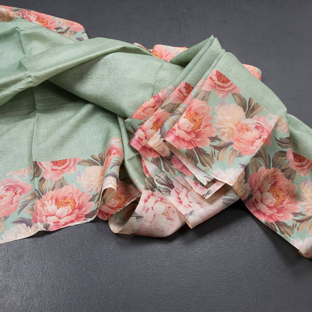 Pure Tussar Pista Green Floral Printed Saree