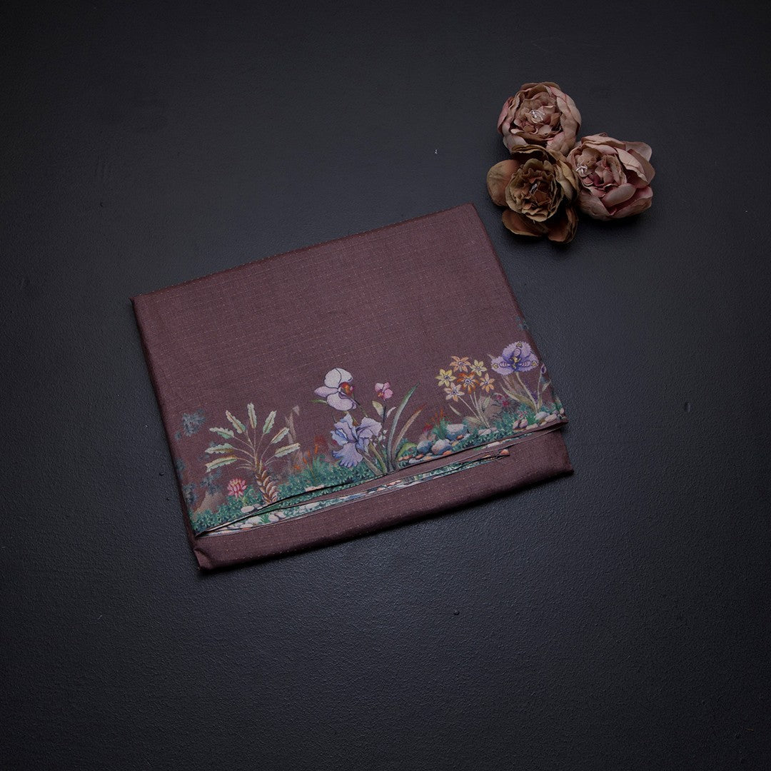Pure Tussar Dark Brown Zari Worked Saree With Printed Border
