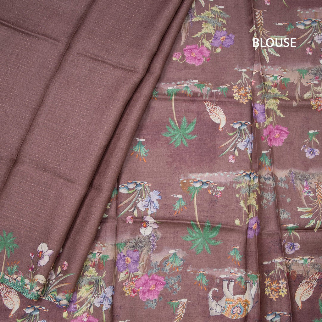 Pure Tussar Dark Brown Zari Worked Saree With Printed Border