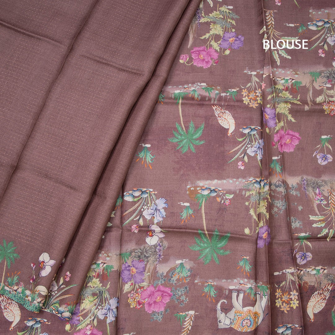 Pure Tussar Dark Brown Zari Worked Saree With Printed Border