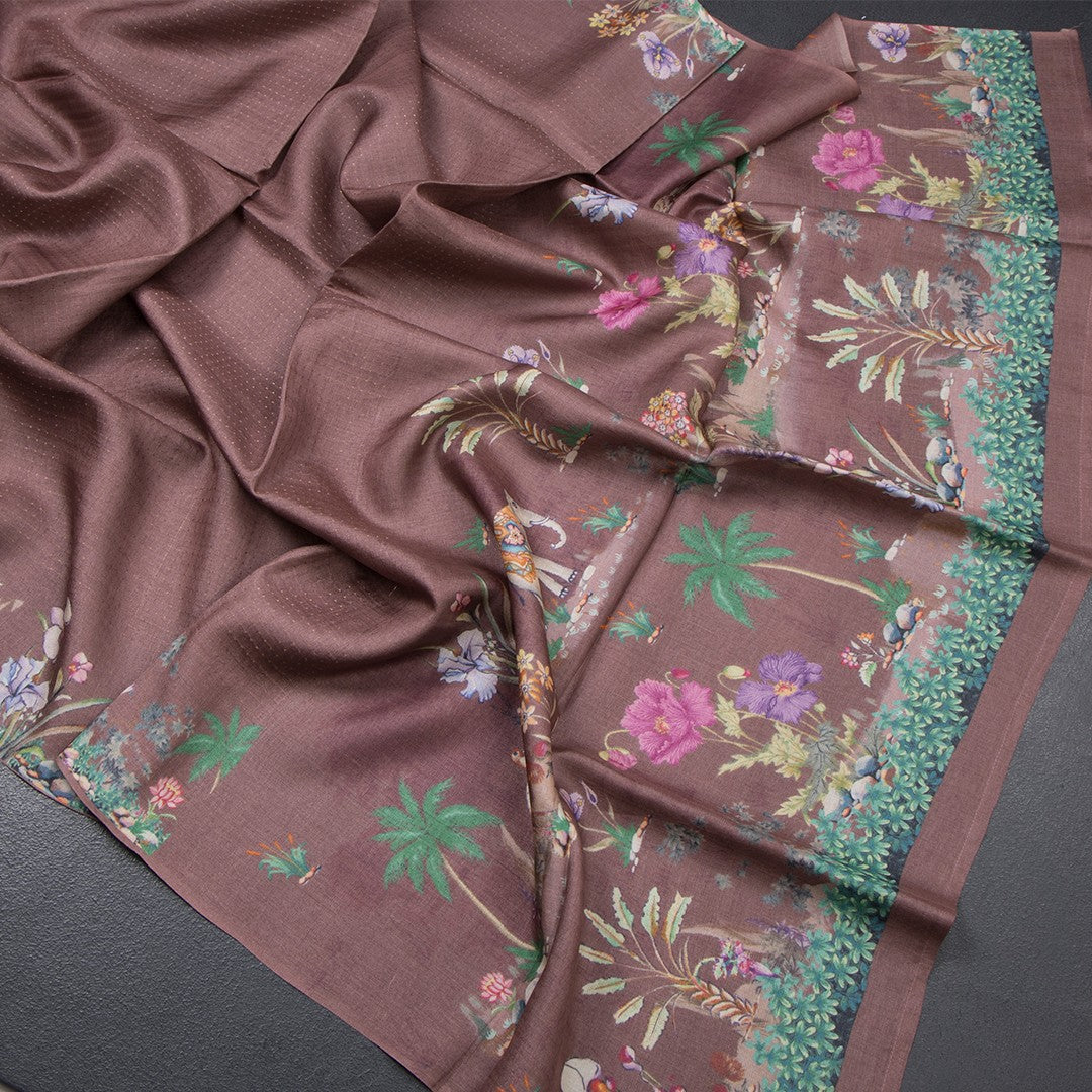 Pure Tussar Dark Brown Zari Worked Saree With Printed Border