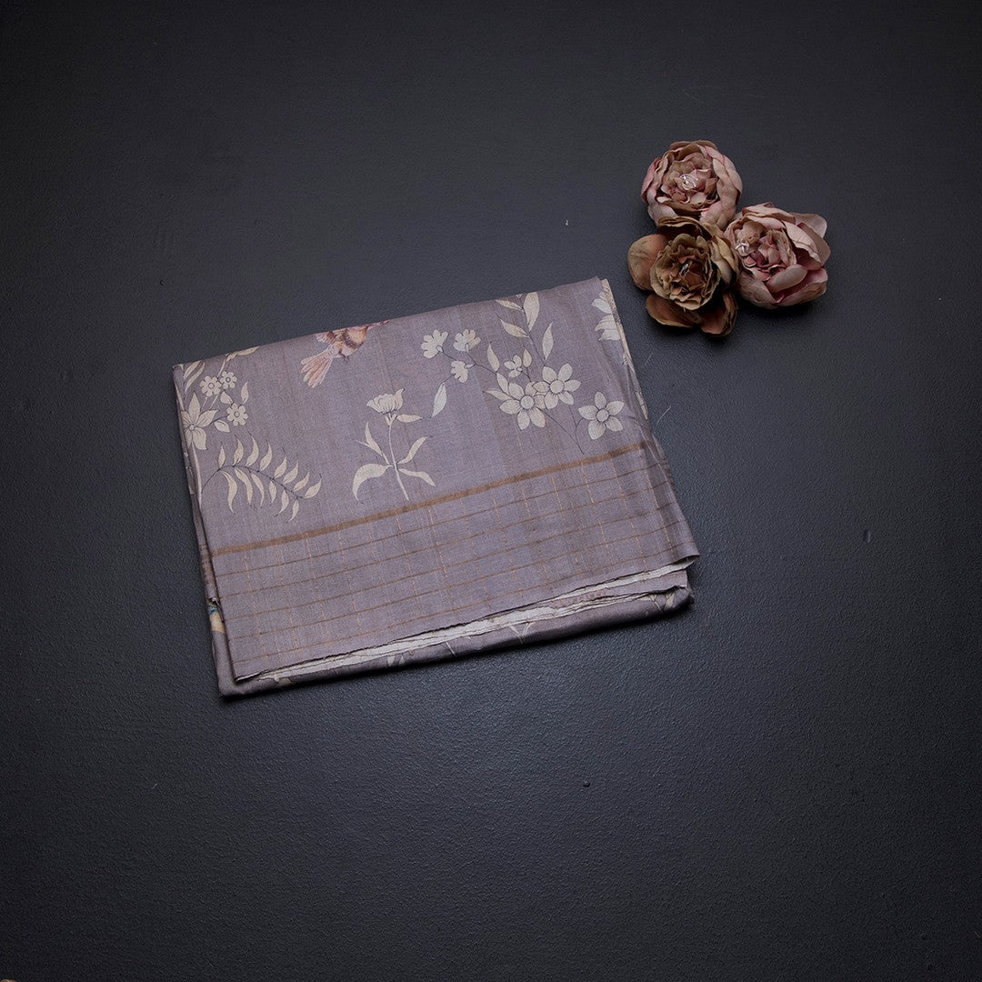 Pure Tussar Grey Floral Printed Saree With Zari Checks Border
