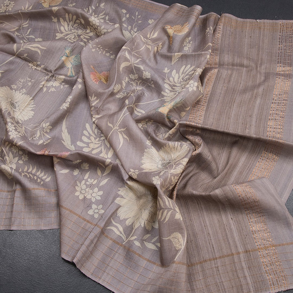 Pure Tussar Grey Floral Printed Saree With Zari Checks Border