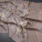 Pure Tussar Grey Floral Printed Saree With Zari Checks Border