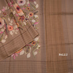 Pure Tussar Brown Floral Printed Saree With Zari Checks Border