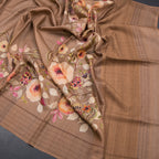 Pure Tussar Brown Floral Printed Saree With Zari Checks Border
