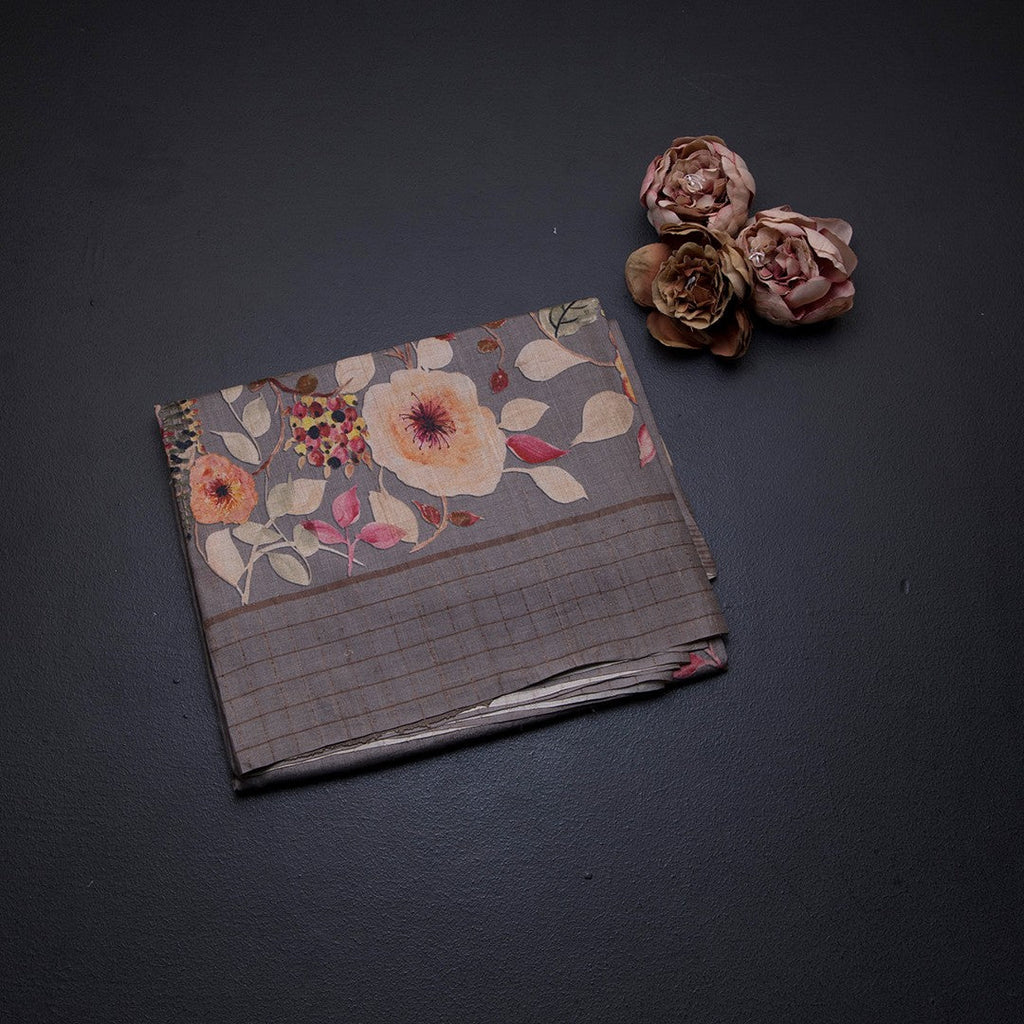 Pure Tussar Grey Floral Printed Saree With Zari Checks Border 02