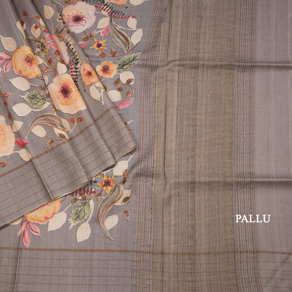 Pure Tussar Grey Floral Printed Saree With Zari Checks Border 02
