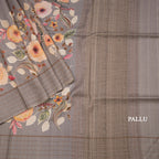 Pure Tussar Grey Floral Printed Saree With Zari Checks Border 02