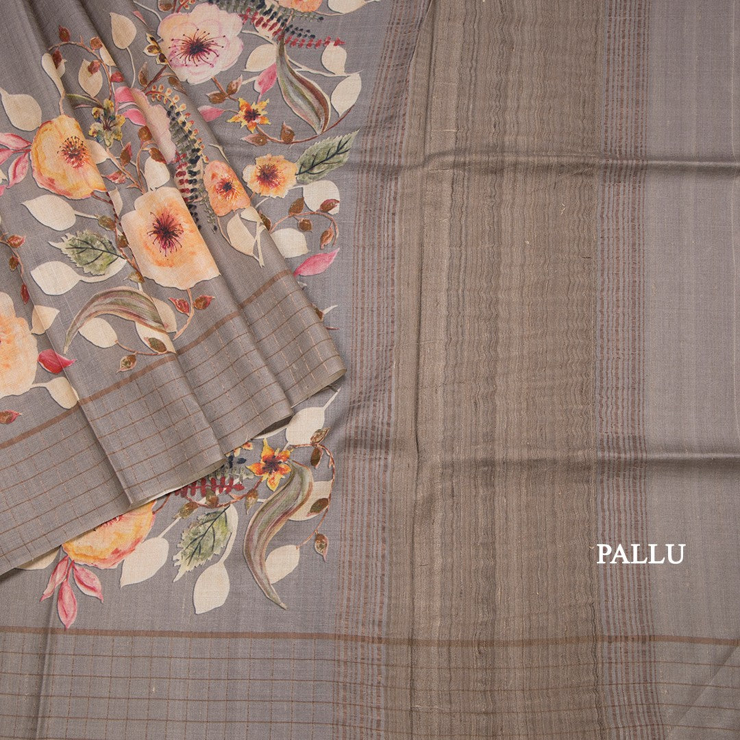 Pure Tussar Grey Floral Printed Saree With Zari Checks Border 02