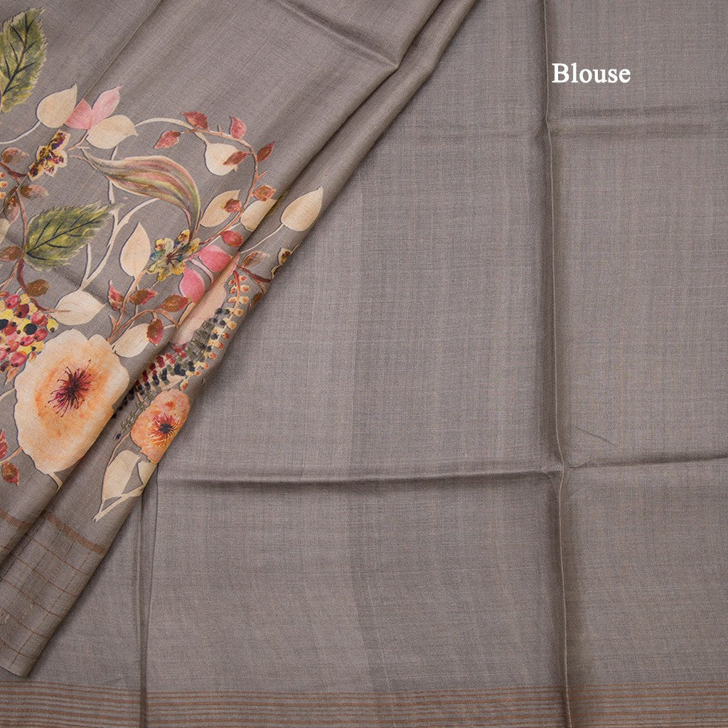 Pure Tussar Grey Floral Printed Saree With Zari Checks Border 02
