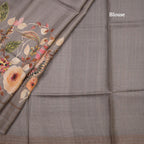 Pure Tussar Grey Floral Printed Saree With Zari Checks Border 02