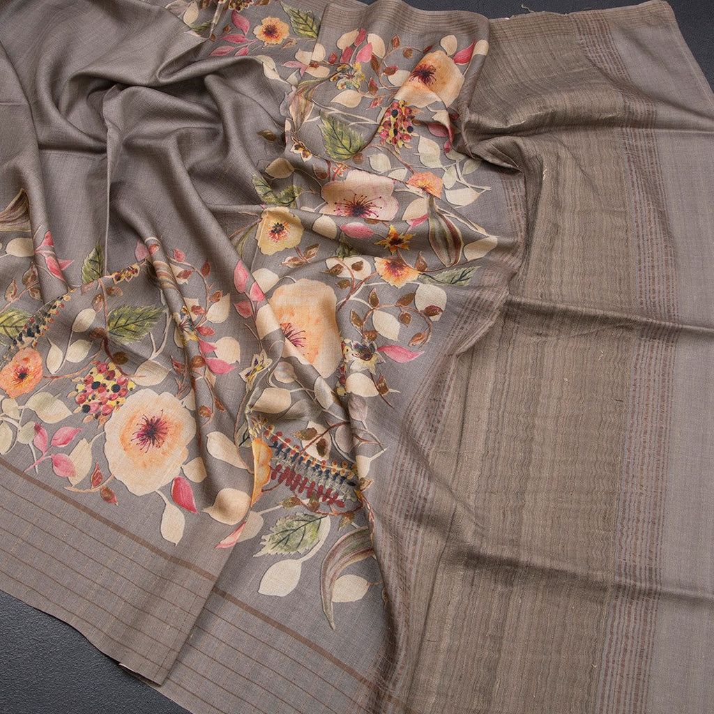 Pure Tussar Grey Floral Printed Saree With Zari Checks Border 02
