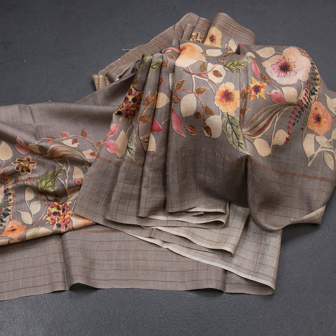 Pure Tussar Grey Floral Printed Saree With Zari Checks Border 02