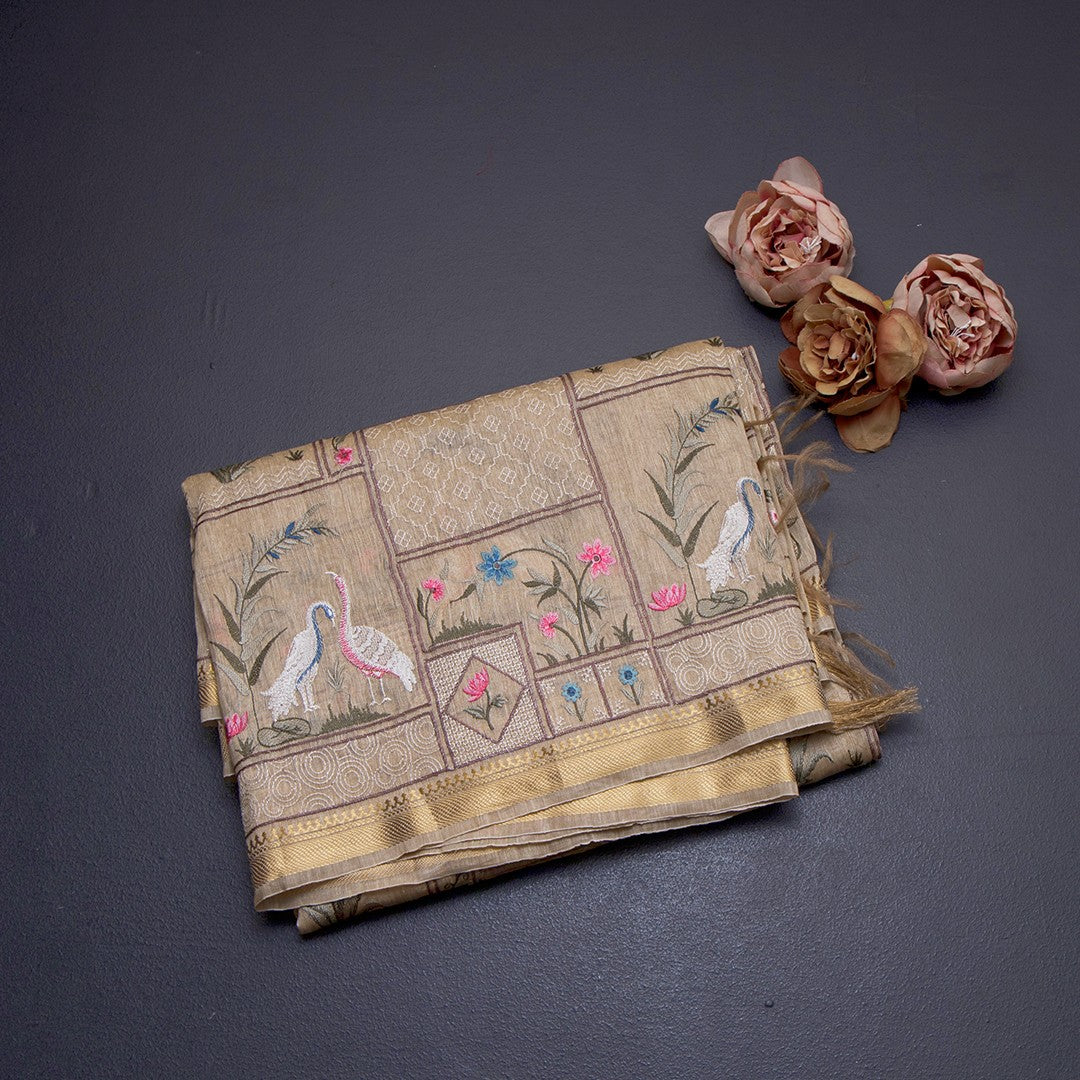 Linen Cream Thread Embroidered Saree With Zari Border