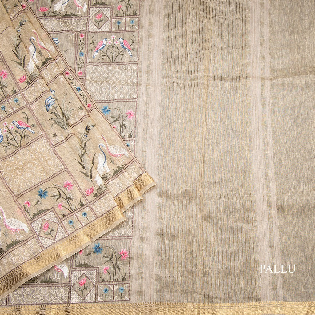 Linen Cream Thread Embroidered Saree With Zari Border