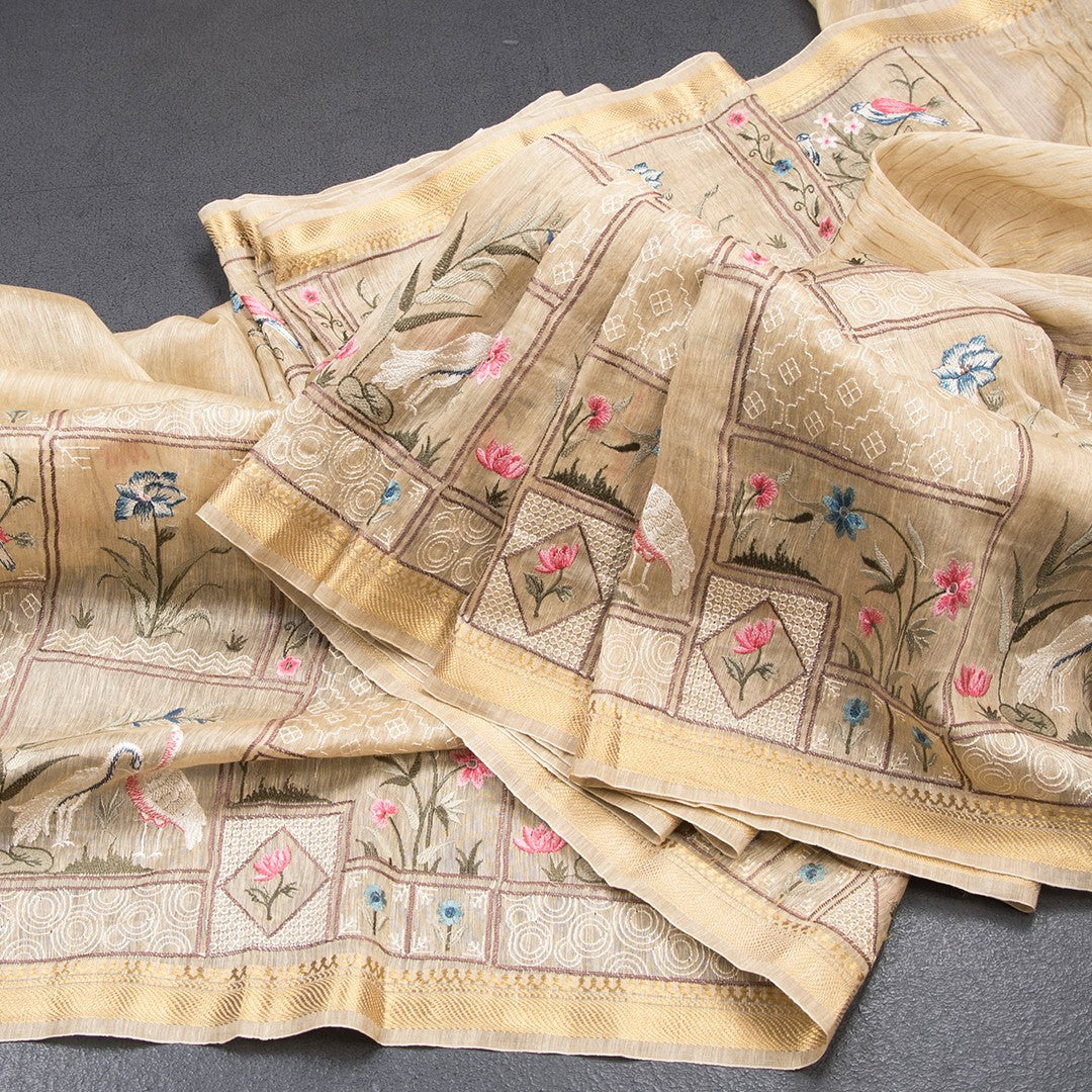 Linen Cream Thread Embroidered Saree With Zari Border