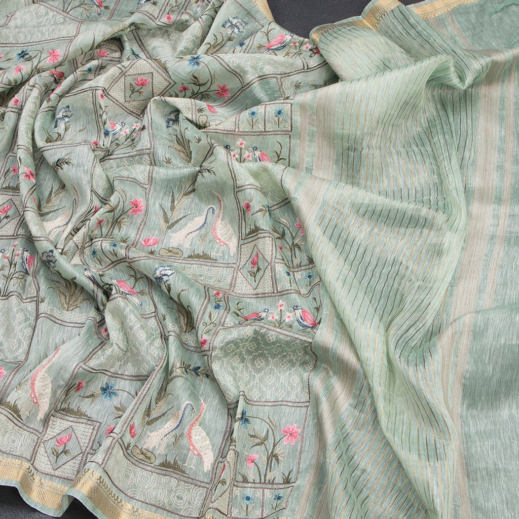 Linen Light Green Thread Embroidered Saree With Zari Border