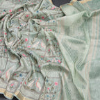 Linen Light Green Thread Embroidered Saree With Zari Border