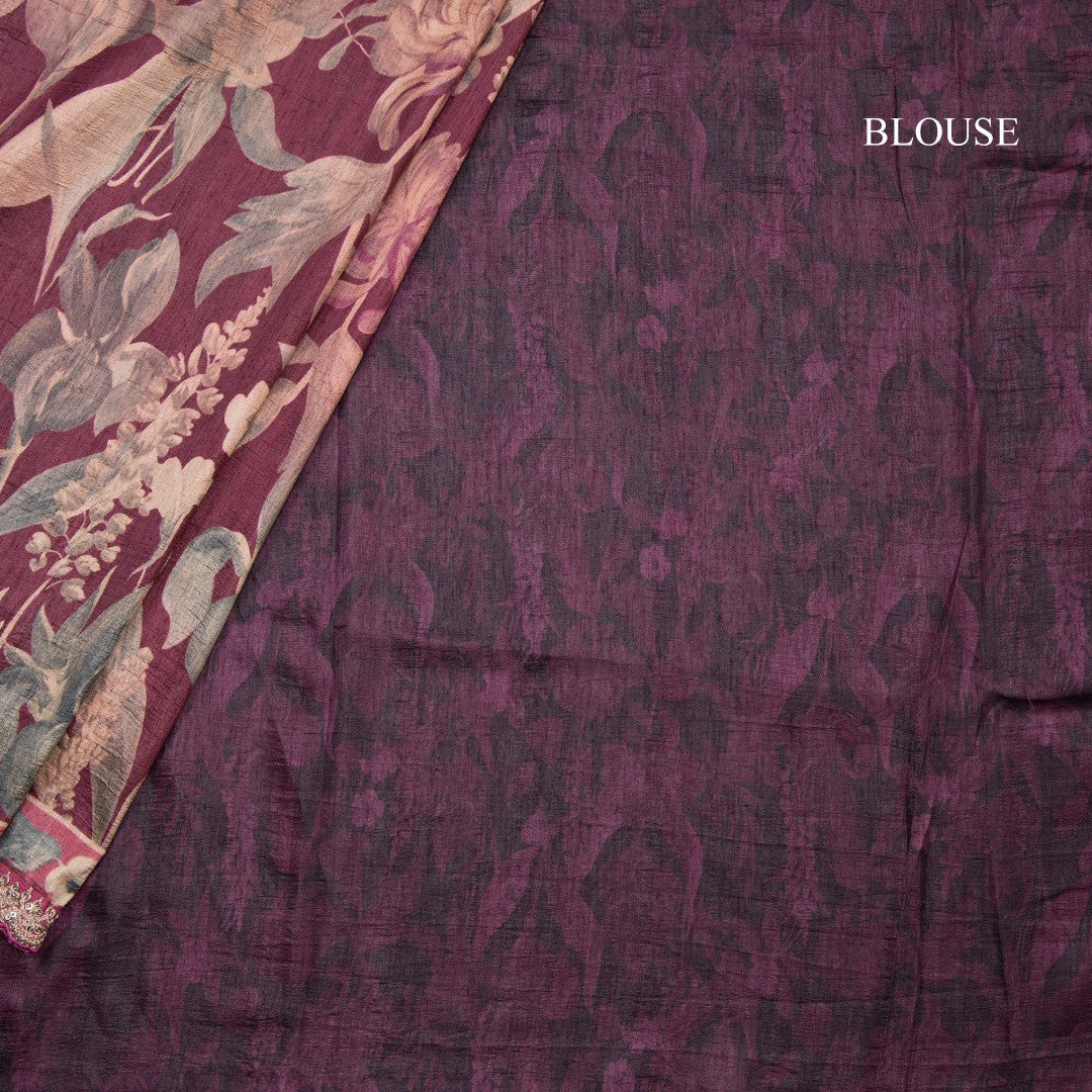 Raw Silk Wine Colour Floral Printed Saree And Zari With Chamki Border