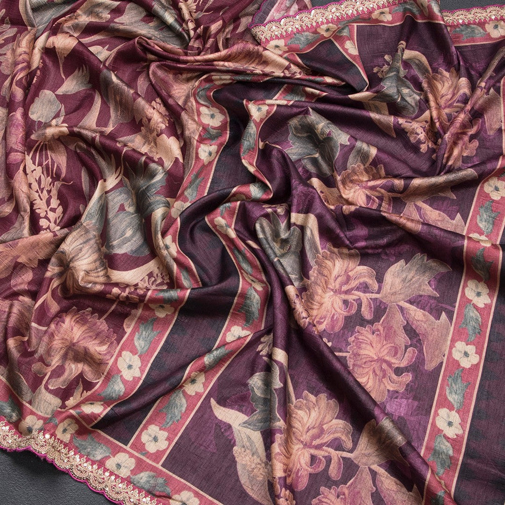 Raw Silk Wine Colour Floral Printed Saree And Zari With Chamki Border