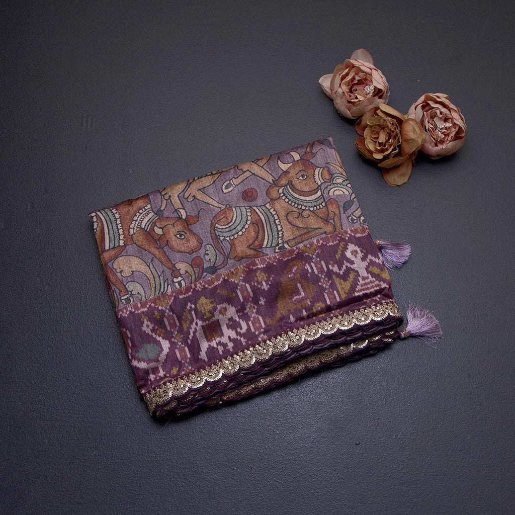 Raw Silk Plum Purple Kalamkari Printed Saree And Zari With Chamki Border
