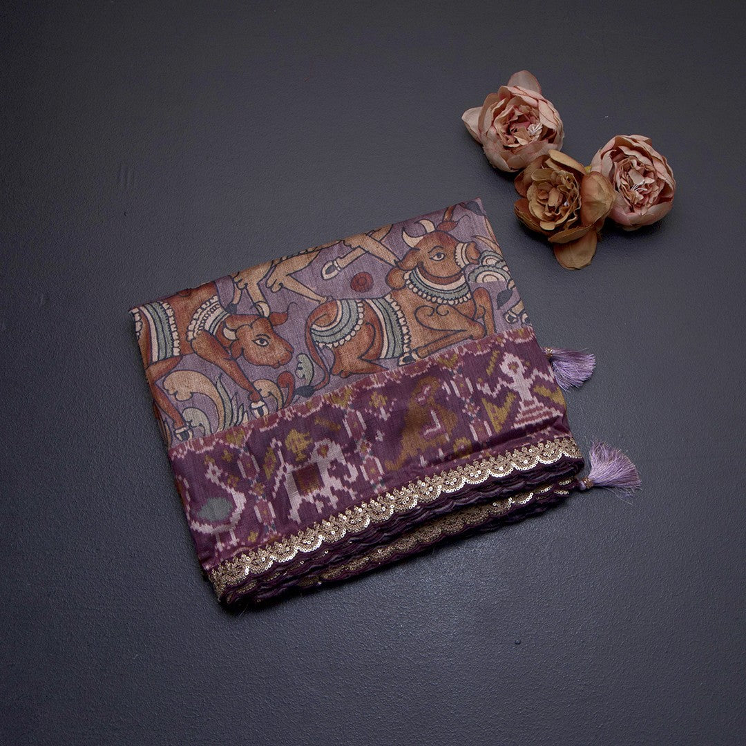 Raw Silk Plum Purple Kalamkari Printed Saree And Zari With Chamki Border