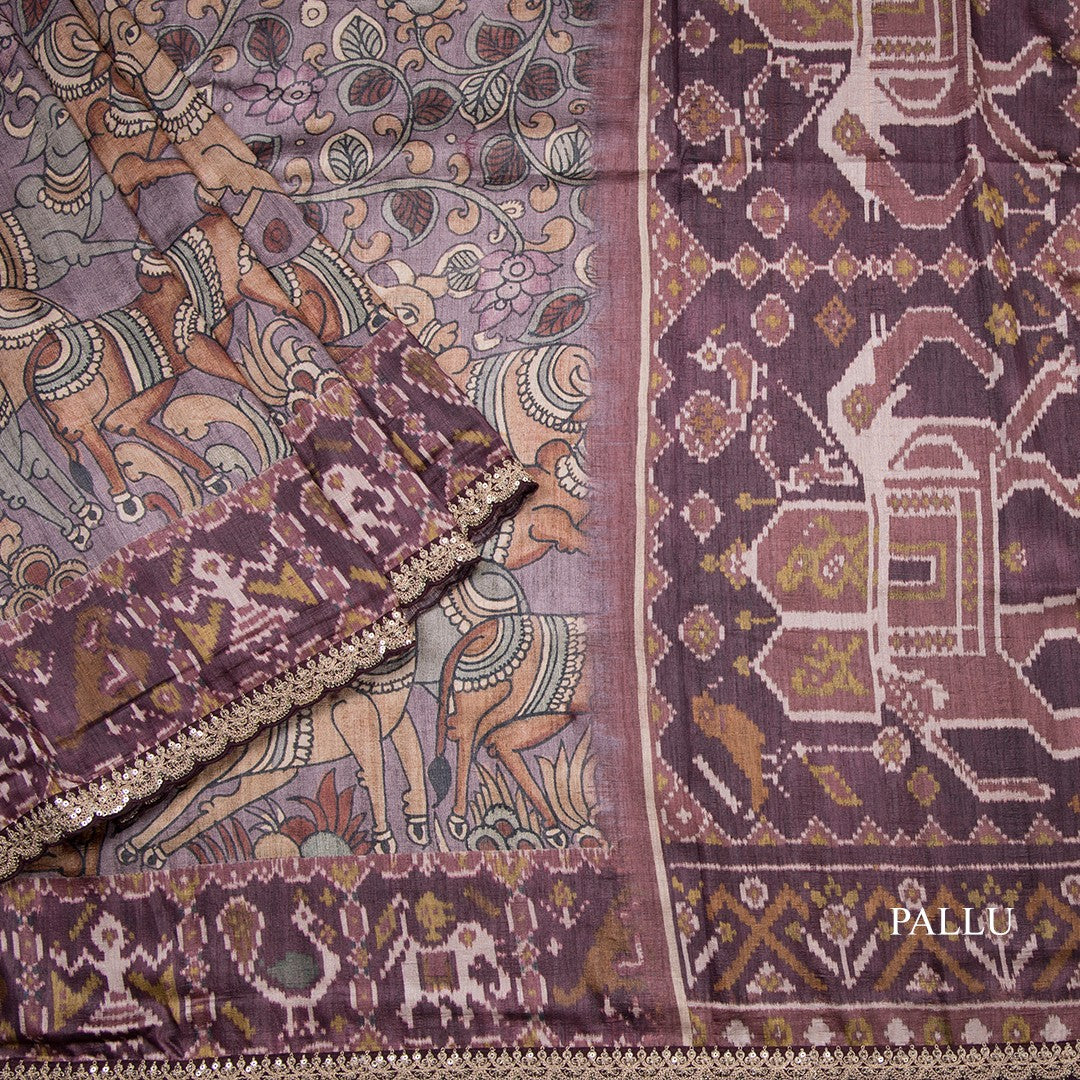 Raw Silk Plum Purple Kalamkari Printed Saree And Zari With Chamki Border
