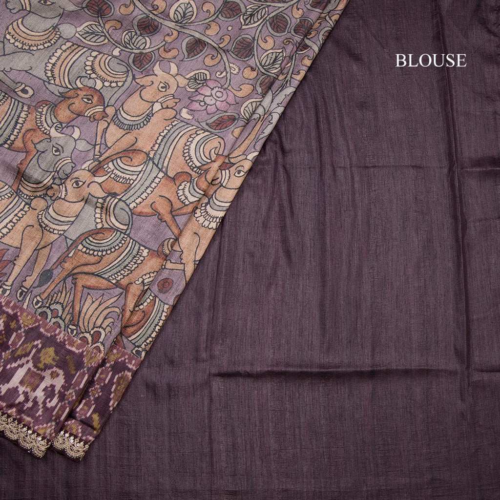 Raw Silk Plum Purple Kalamkari Printed Saree And Zari With Chamki Border