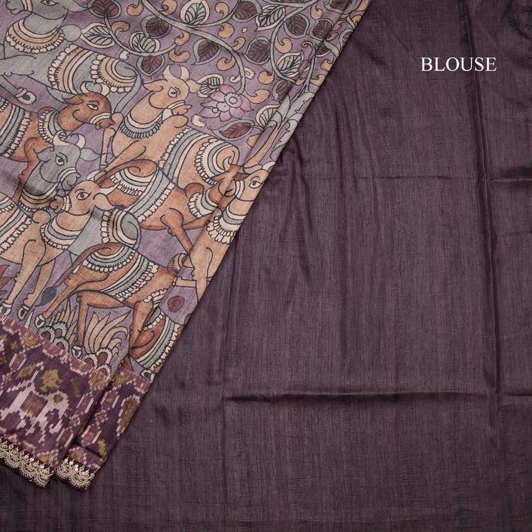 Raw Silk Plum Purple Kalamkari Printed Saree And Zari With Chamki Border