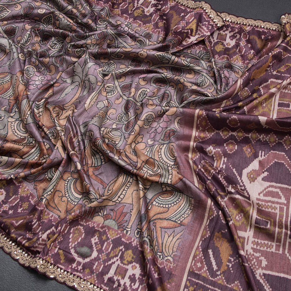 Raw Silk Plum Purple Kalamkari Printed Saree And Zari With Chamki Border