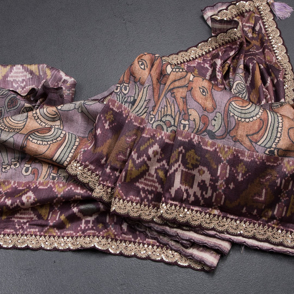 Raw Silk Plum Purple Kalamkari Printed Saree And Zari With Chamki Border