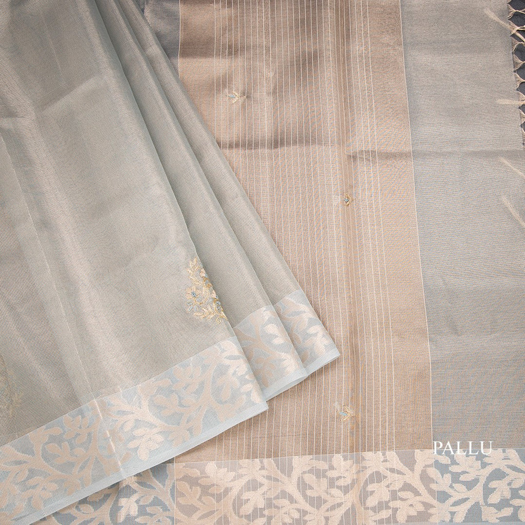 Tissue Kota Sky Blue Zari Worked Saree With Gota Work