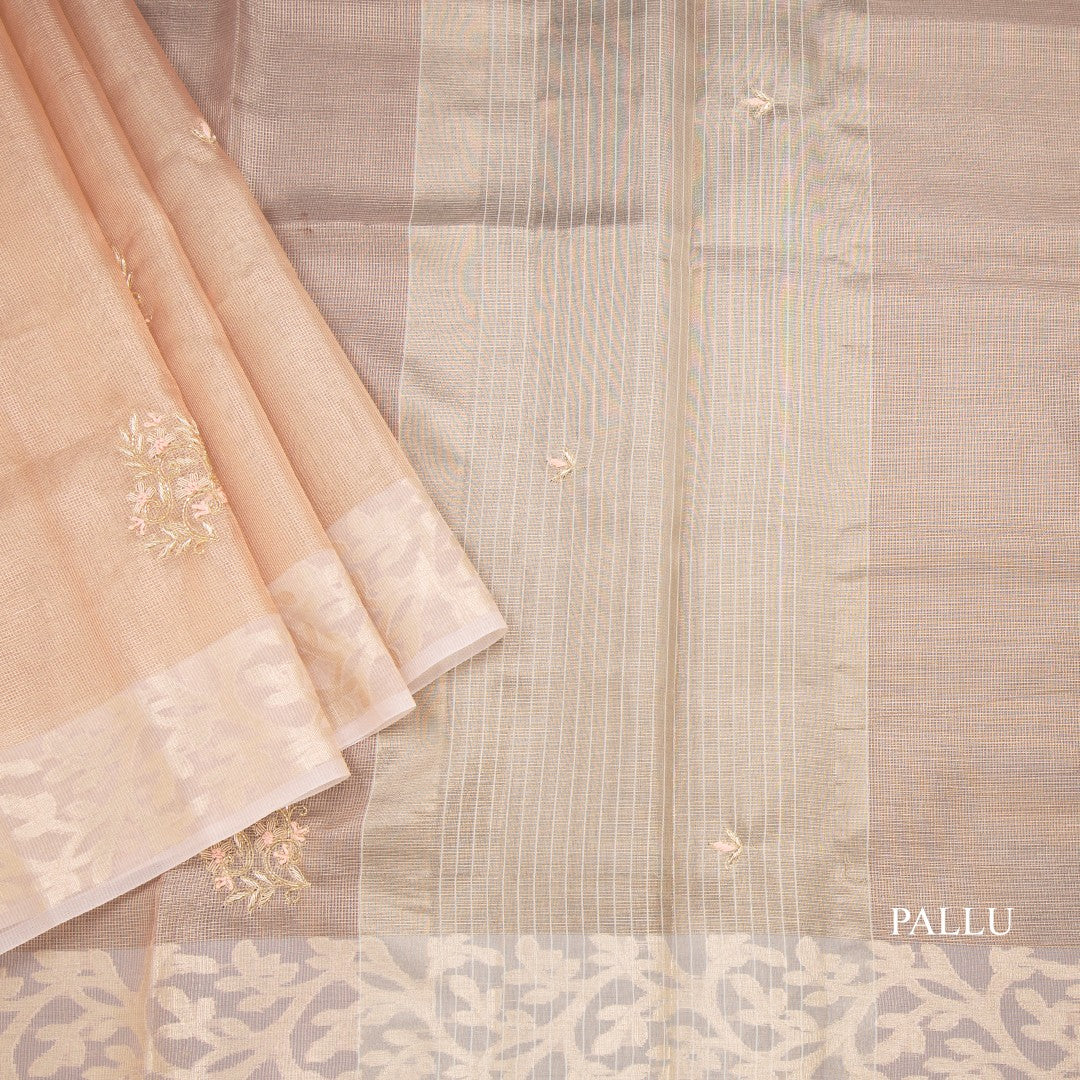 Tissue Kota Peach Zari Worked Saree With Gota Work