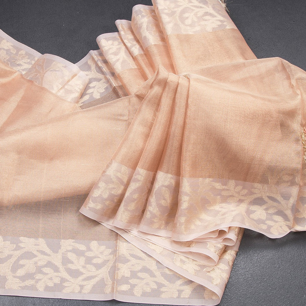 Tissue Kota Peach Zari Worked Saree With Gota Work