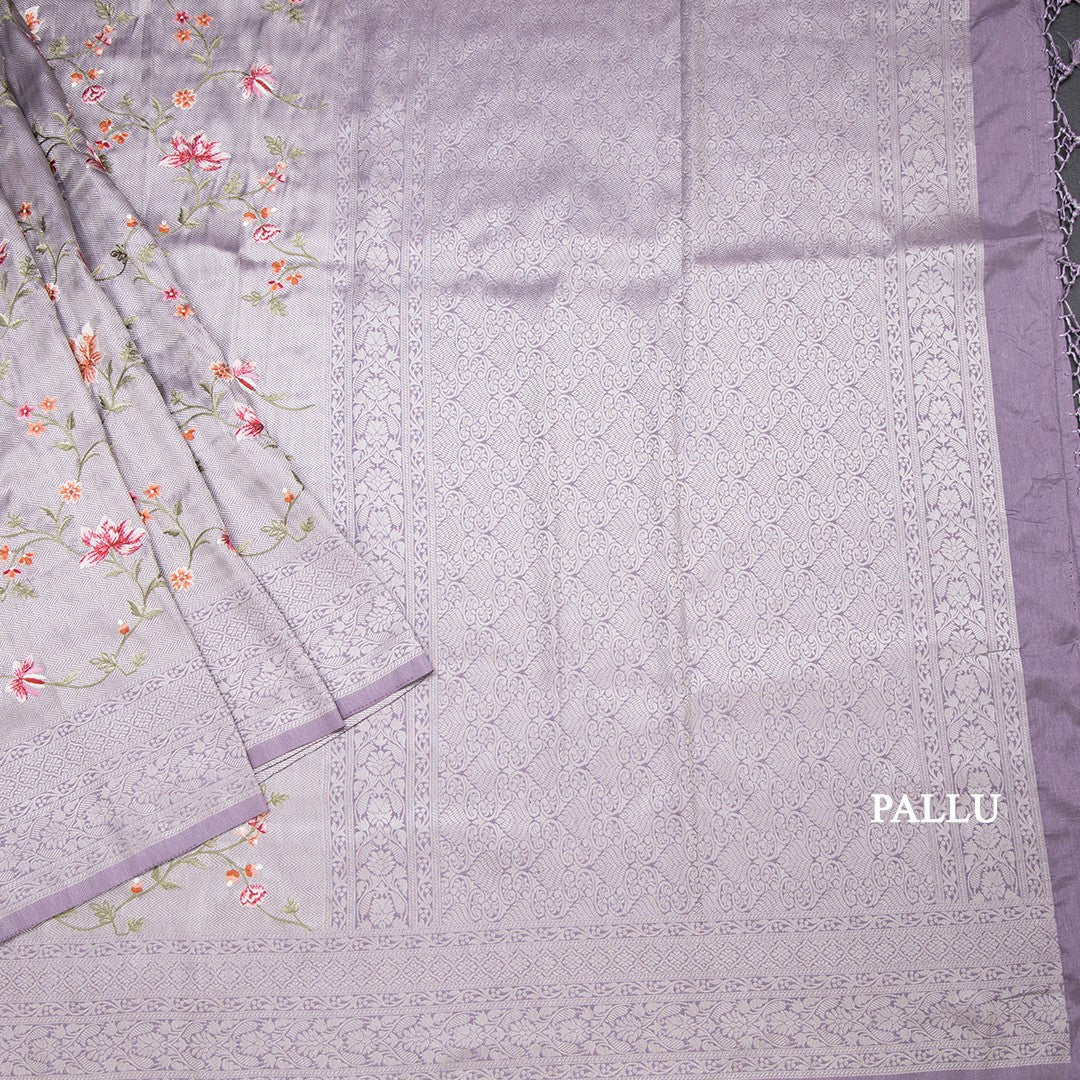 Banaras Lavender Zari With Floral Thread Work Saree