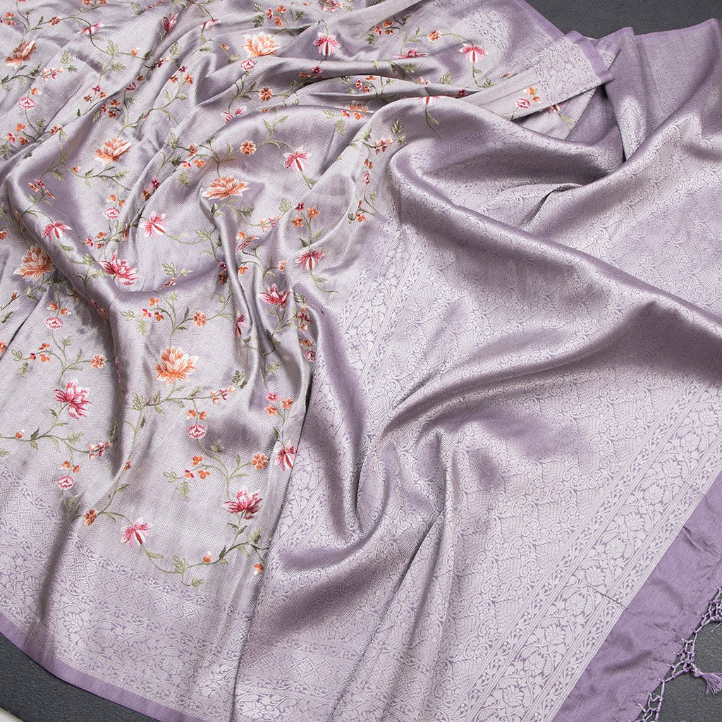 Banaras Lavender Zari With Floral Thread Work Saree