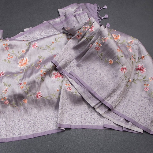 Banaras Lavender Zari With Floral Thread Work Saree