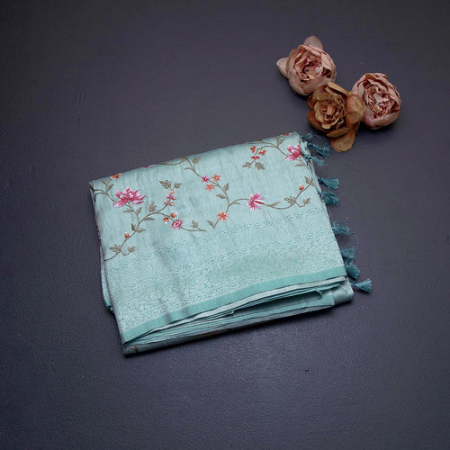 Banaras Sea Green Zari With Floral Thread Work Saree