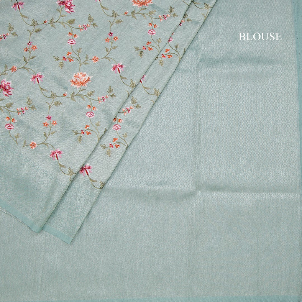 Banaras Sea Green Zari With Floral Thread Work Saree
